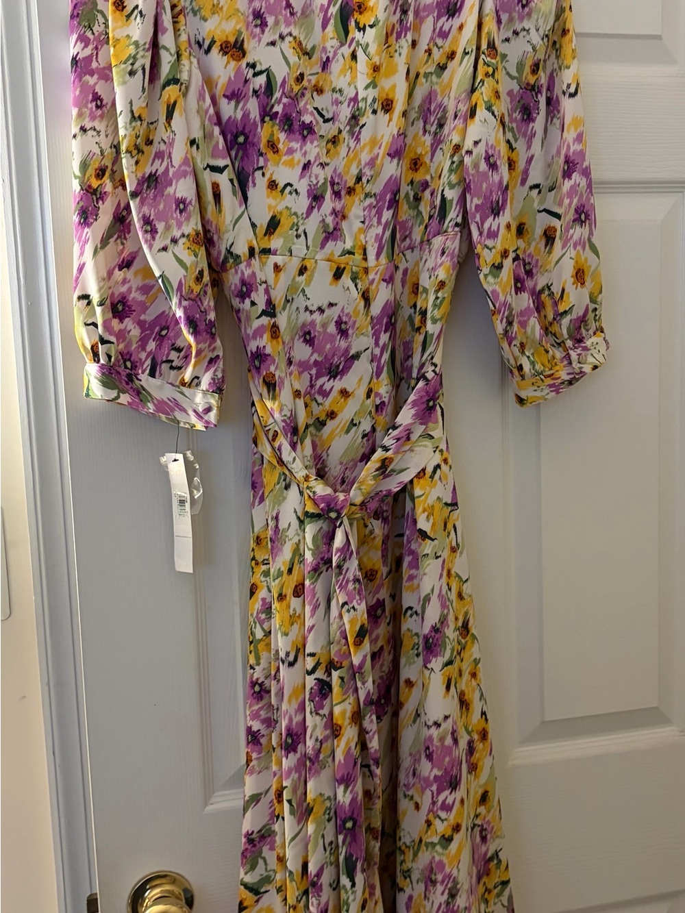 Maggy London White Floral Long-Sleeve Wrap Dress with Purple & Yellow Blooms